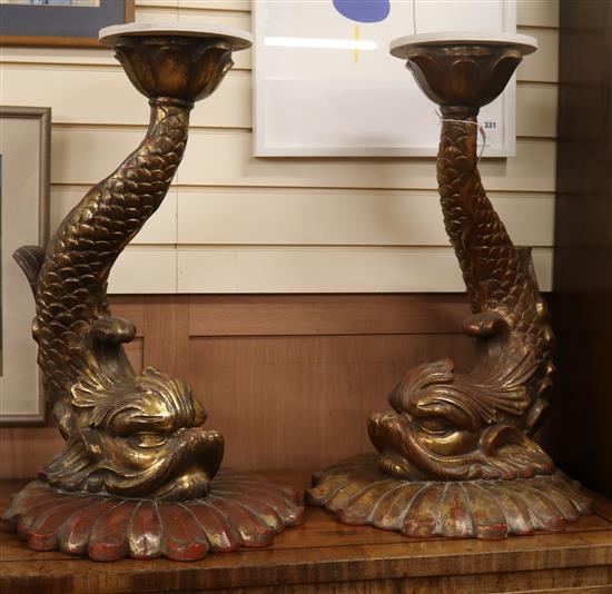 A pair of faux giltwood tables with dolphin marble bases W.45cm